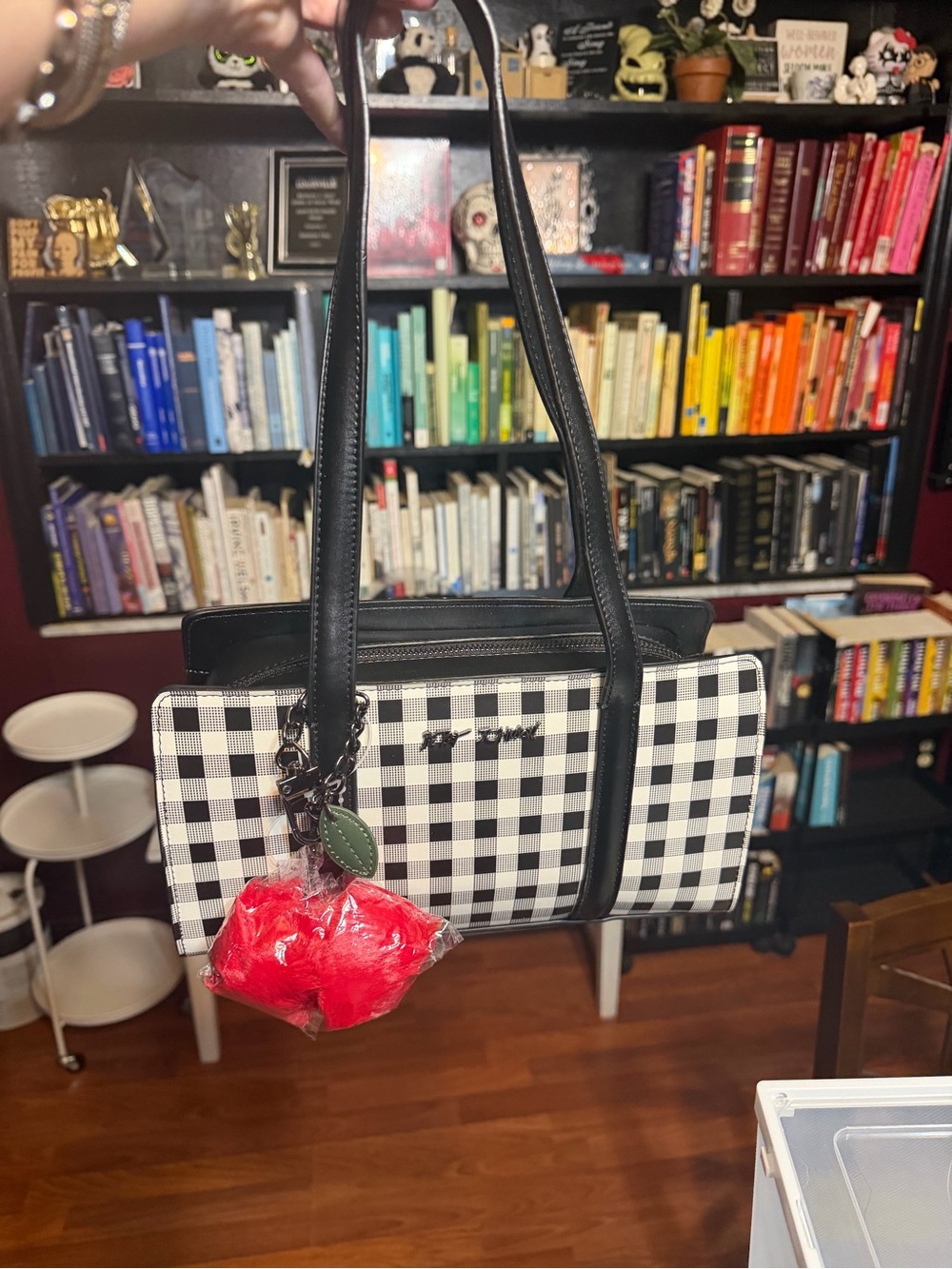 NWT Betsey Johnson Black & White Gingham Shoulder Bag with Red Charm